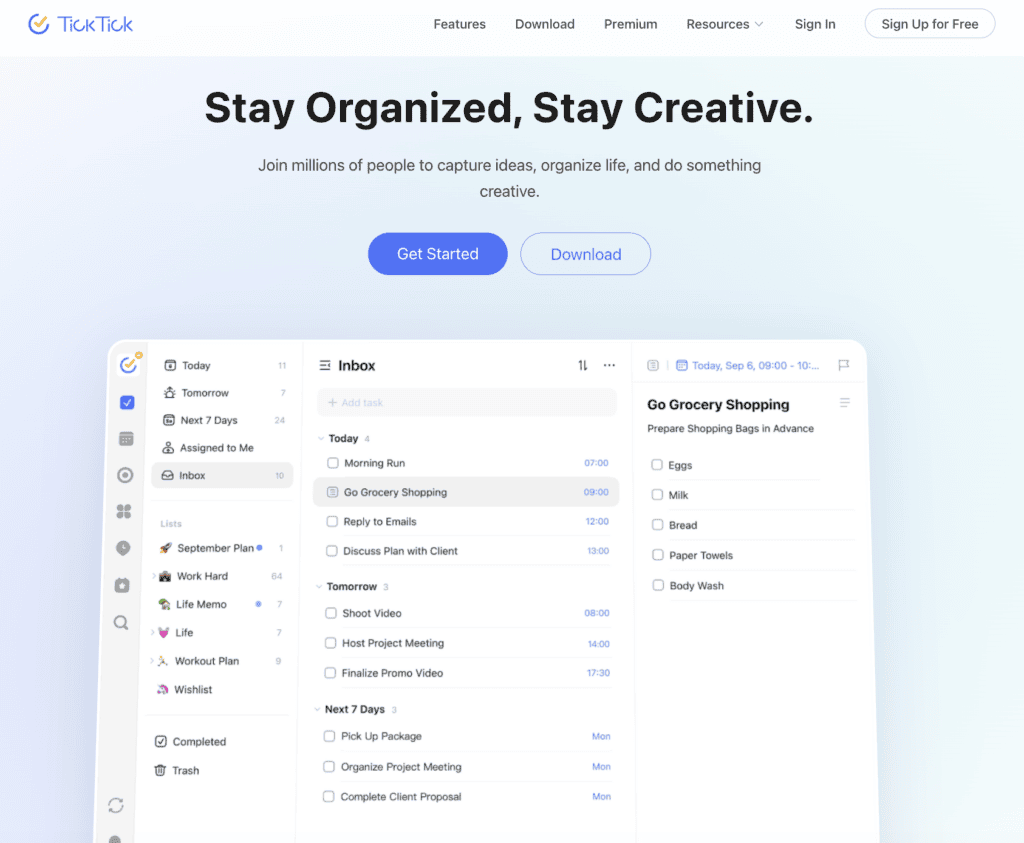TickTick homepage screenshot