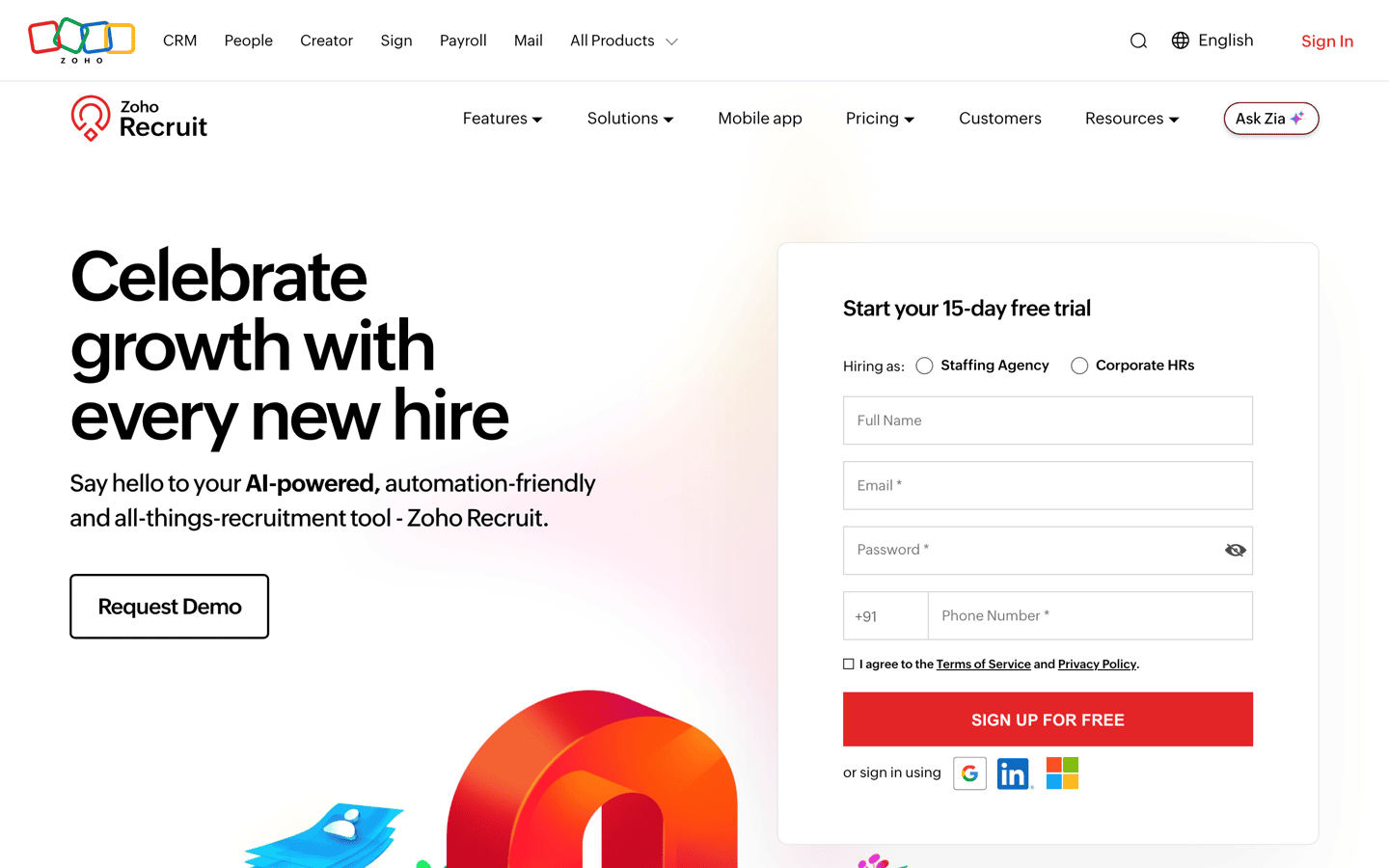 Zoho Recruit homepage screenshot