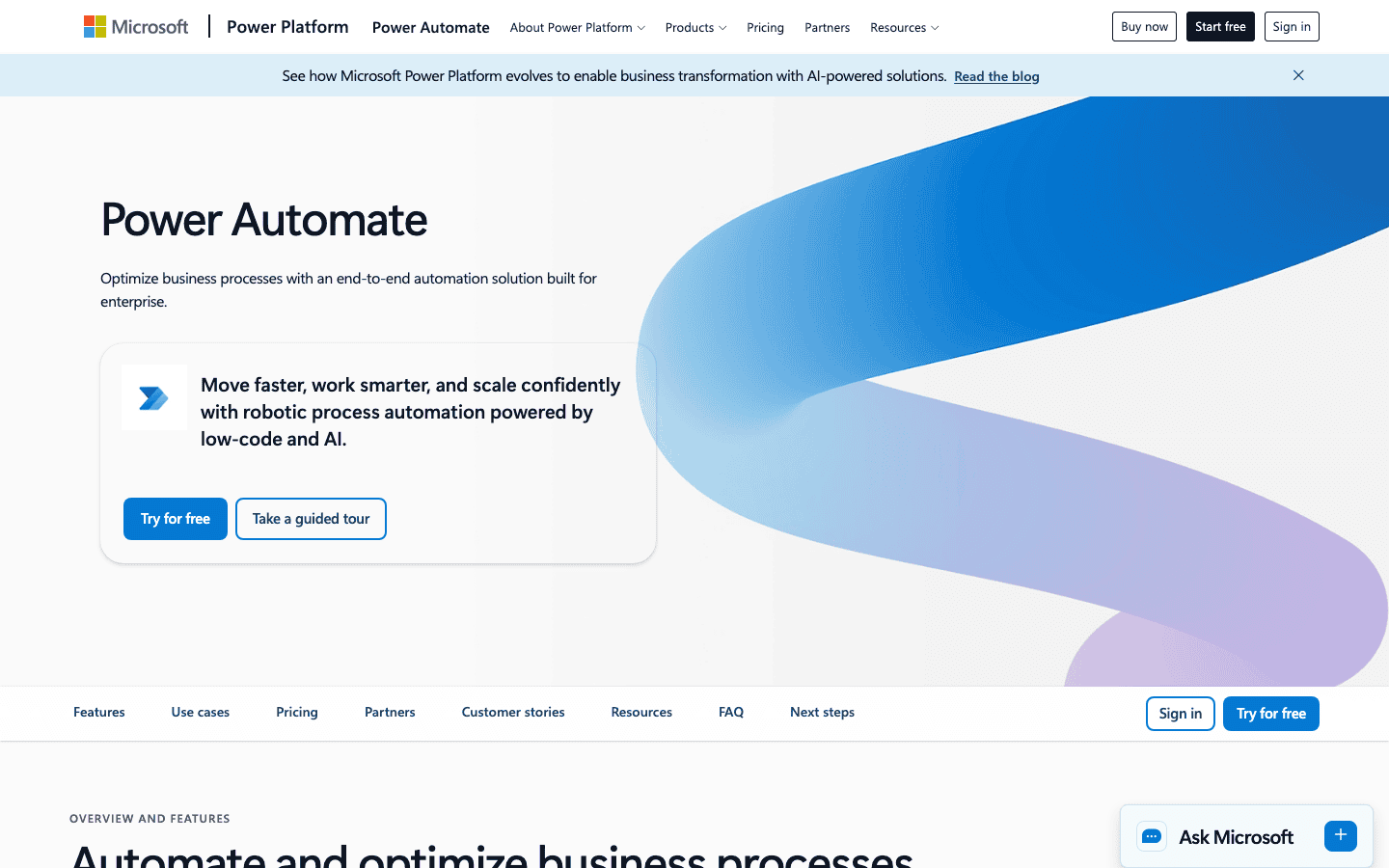 Power Automate homepage screenshot