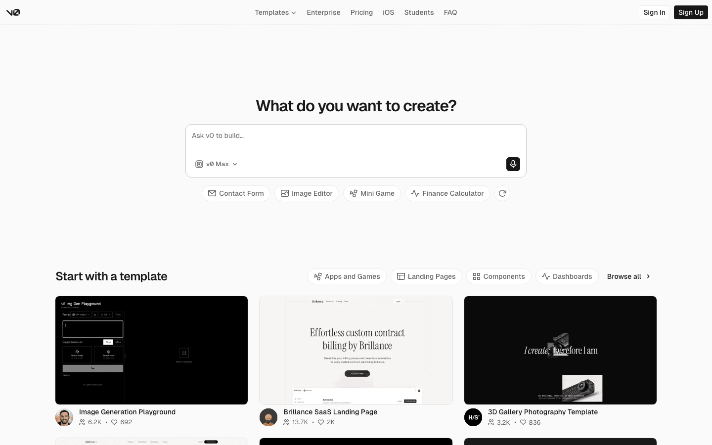 v0 homepage screenshot